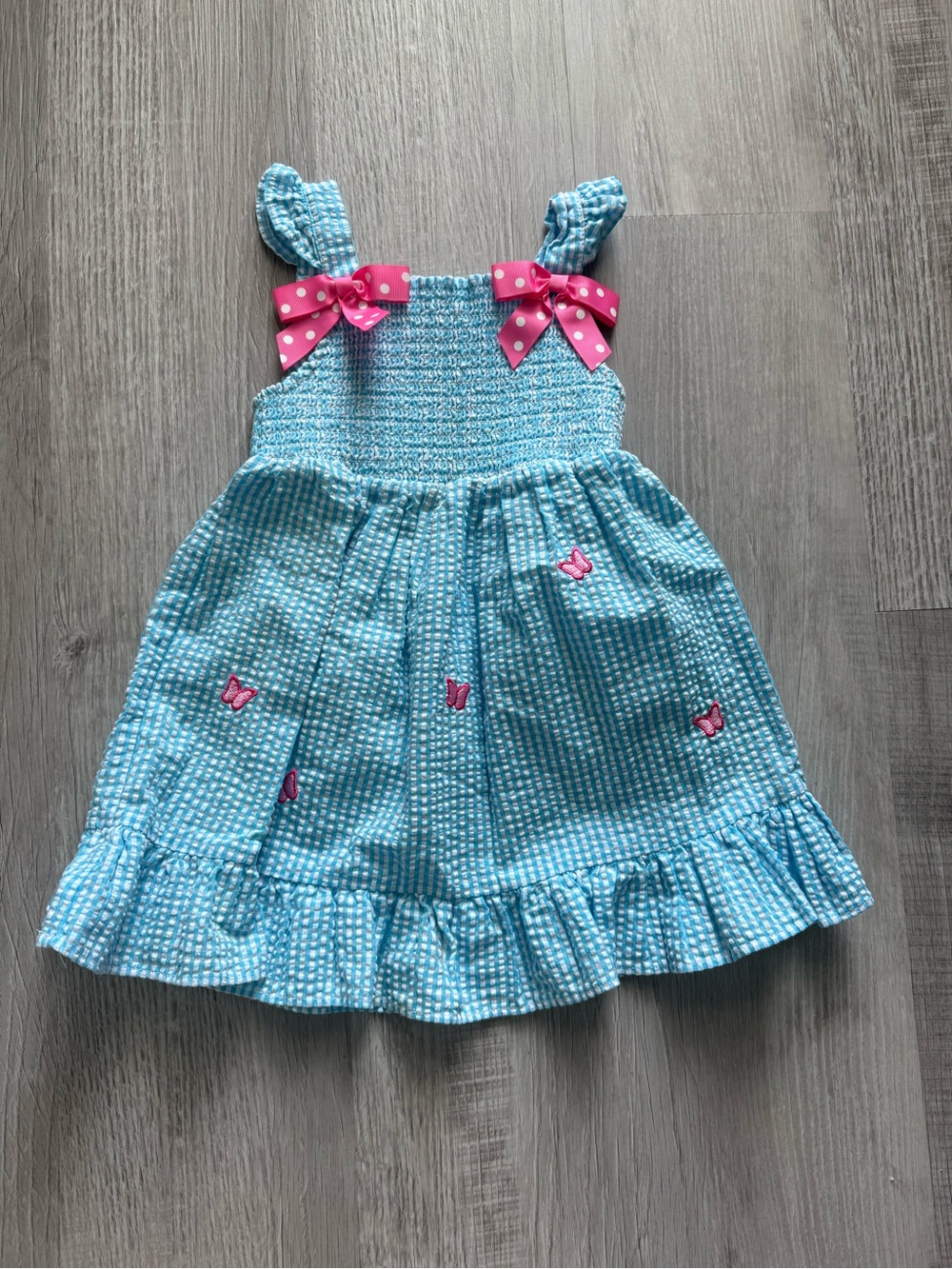 Blue Girls' Smocked Sundress with Pink Bows